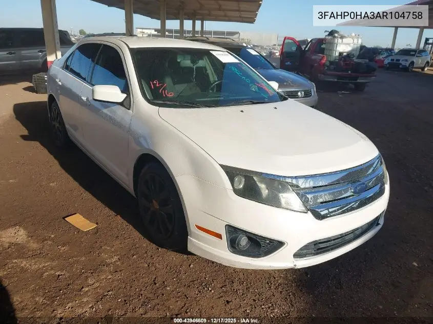 3FAHP0HA3AR104758 2010 Ford Fusion Se