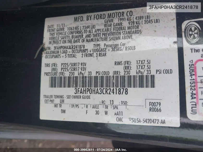 3FAHP0HA3CR241878 2012 Ford Fusion Se