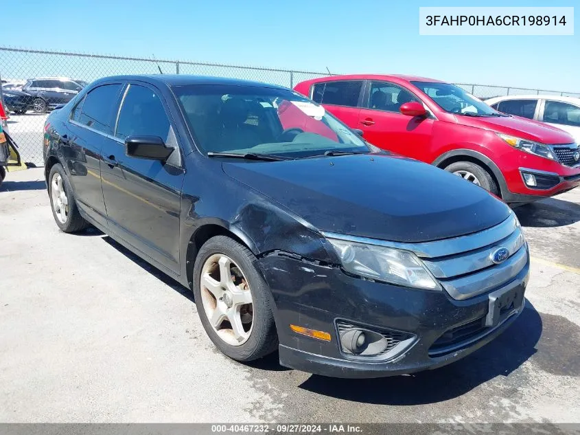 2012 Ford Fusion Se VIN: 3FAHP0HA6CR198914 Lot: 40467232