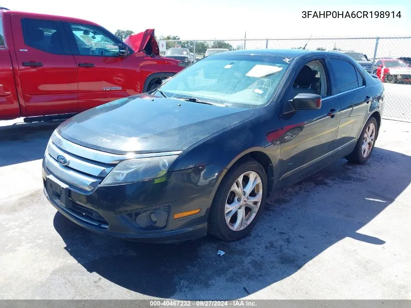 2012 Ford Fusion Se VIN: 3FAHP0HA6CR198914 Lot: 40467232