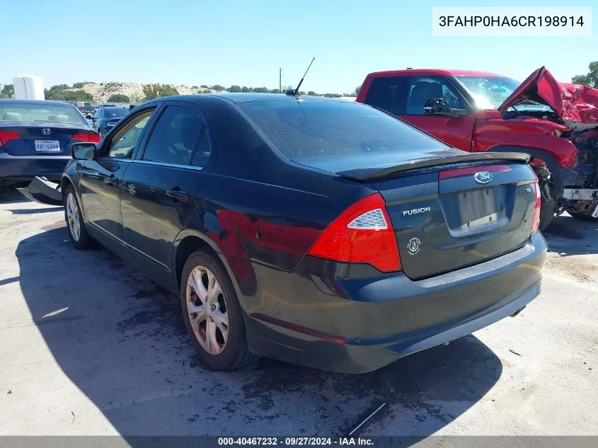 2012 Ford Fusion Se VIN: 3FAHP0HA6CR198914 Lot: 40467232