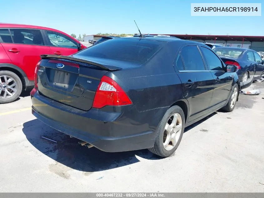 2012 Ford Fusion Se VIN: 3FAHP0HA6CR198914 Lot: 40467232