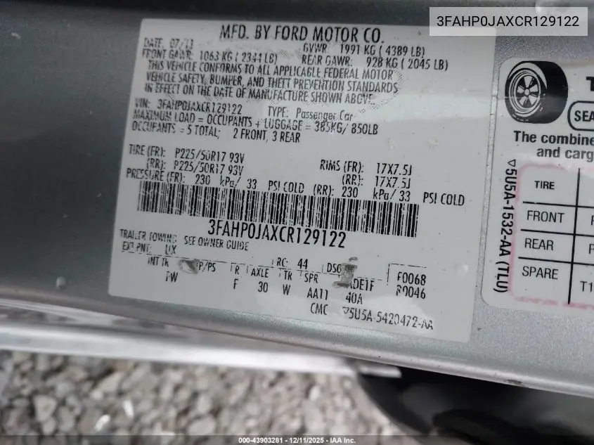 3FAHP0JAXCR129122 2012 Ford Fusion Sel