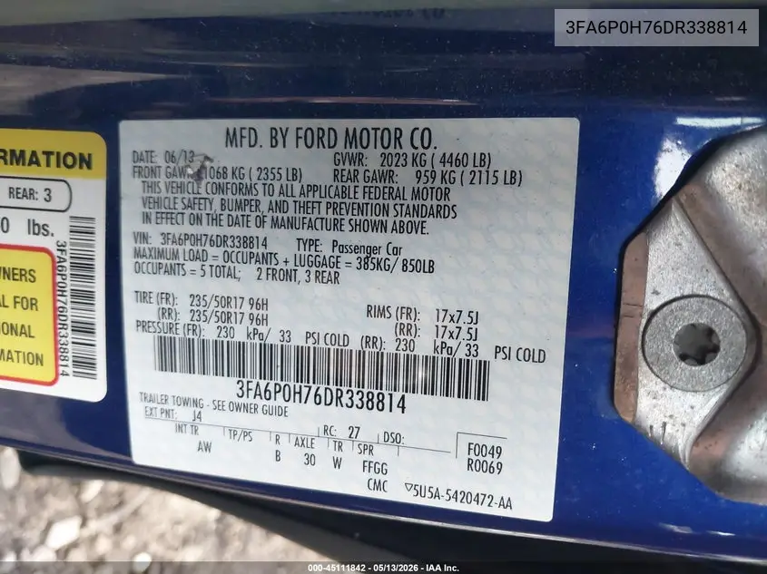 3FA6P0H76DR338814 2013 Ford Fusion Se