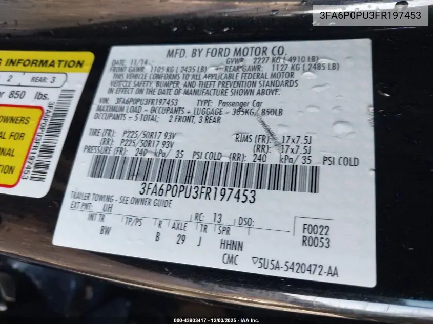 3FA6P0PU3FR197453 2015 Ford Fusion Energi Se Luxury