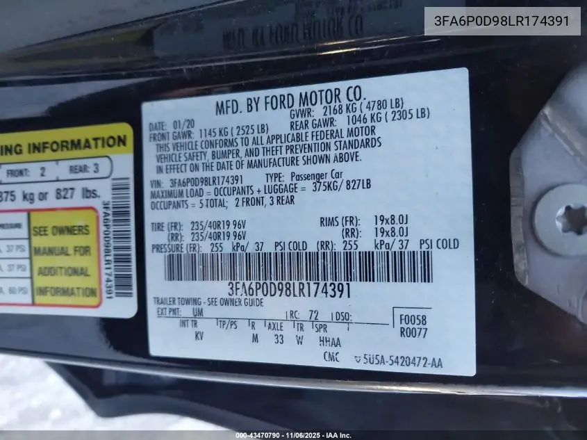 3FA6P0D98LR174391 2020 Ford Fusion Titanium