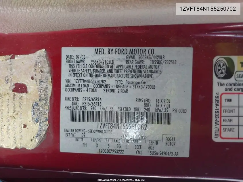 1ZVFT84N155250702 2005 Ford Mustang