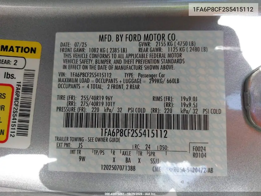 1FA6P8CF2S5415112 2025 Ford Mustang Gt Premium Fastback