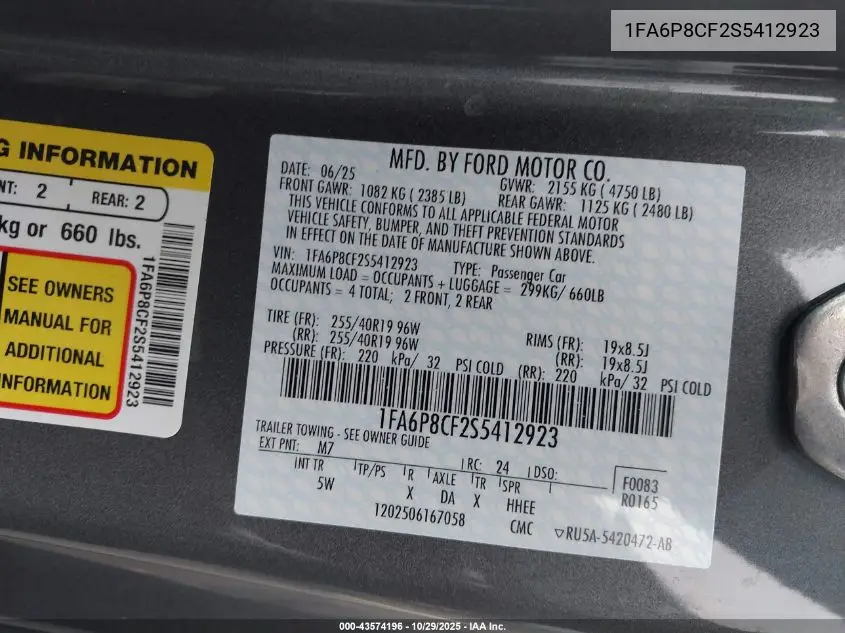 1FA6P8CF2S5412923 2025 Ford Mustang Gt Premium Fastback