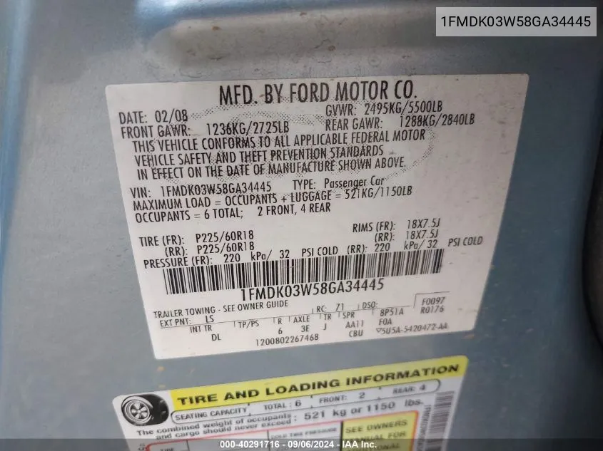 1FMDK03W58GA34445 2008 Ford Taurus X Limited