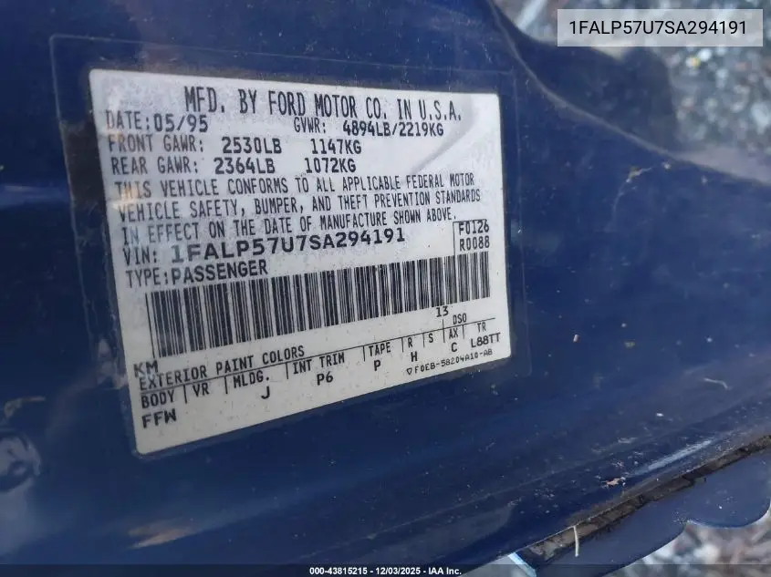 1FALP57U7SA294191 1995 Ford Taurus Gl