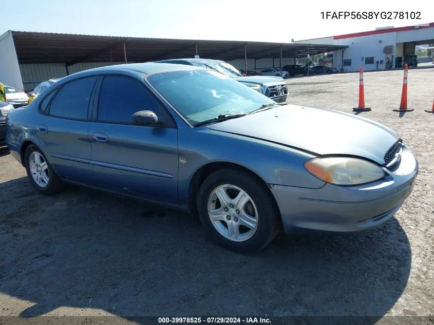 2000 Ford Taurus Sel VIN: 1FAFP56S8YG278102 Lot: 39978525