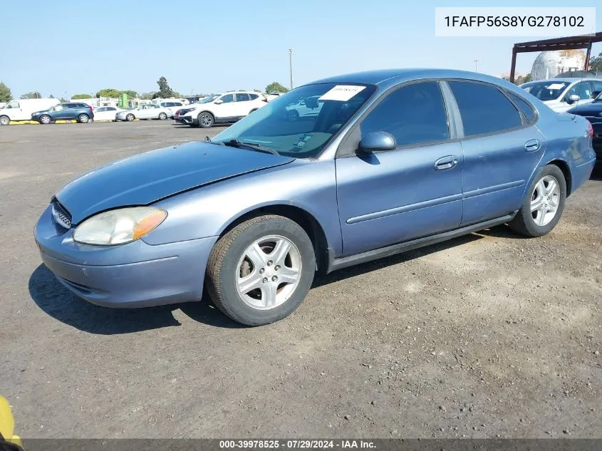 2000 Ford Taurus Sel VIN: 1FAFP56S8YG278102 Lot: 39978525