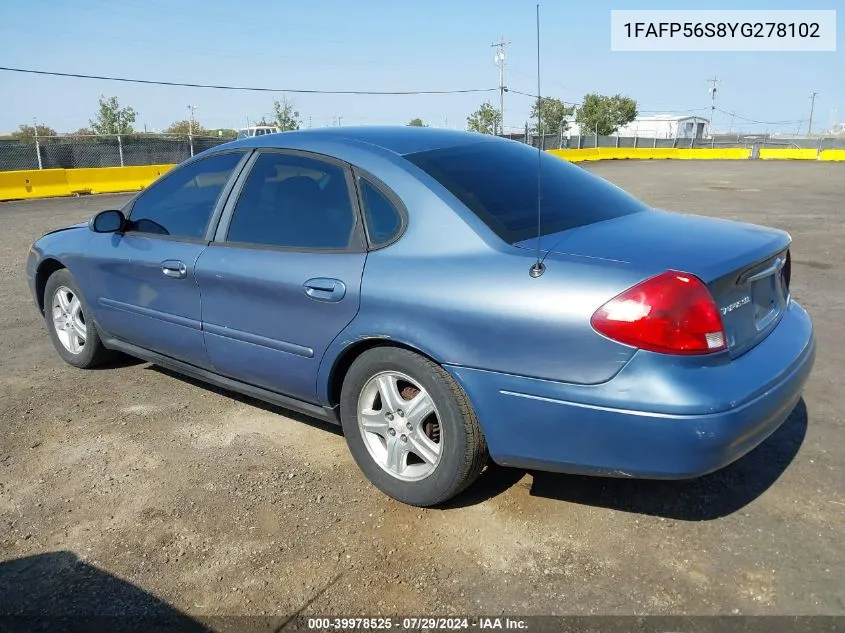 2000 Ford Taurus Sel VIN: 1FAFP56S8YG278102 Lot: 39978525