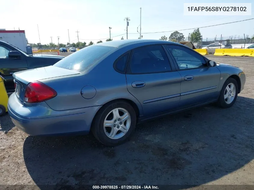 2000 Ford Taurus Sel VIN: 1FAFP56S8YG278102 Lot: 39978525