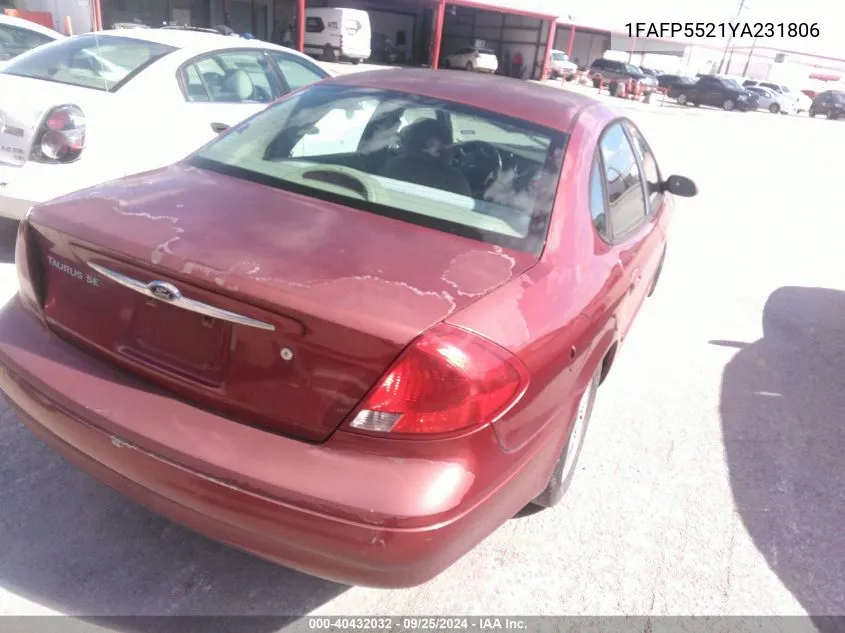 2000 Ford Taurus Ses VIN: 1FAFP5521YA231806 Lot: 40432032