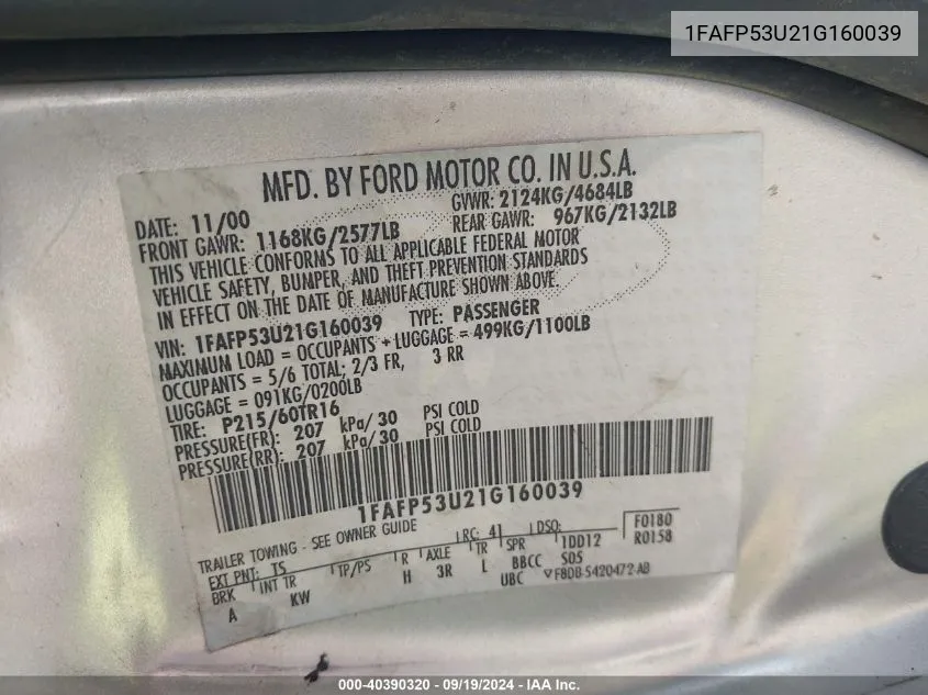 1FAFP53U21G160039 2001 Ford Taurus Se