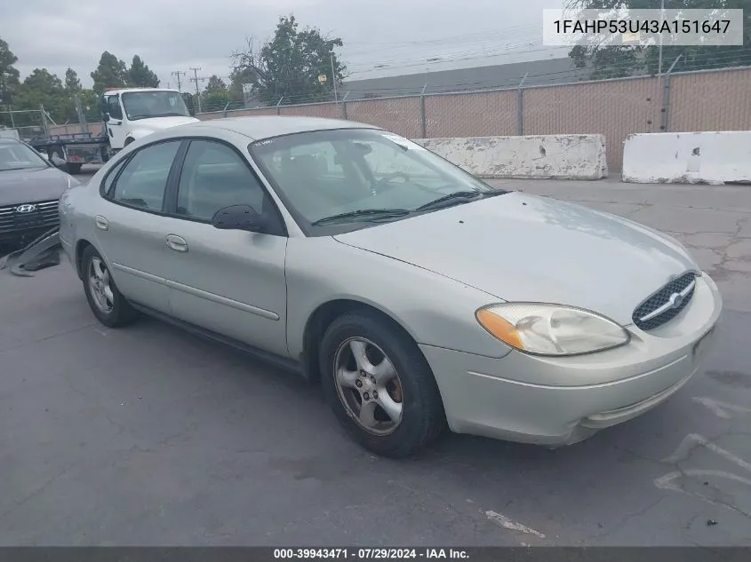 2003 Ford Taurus Se VIN: 1FAHP53U43A151647 Lot: 39943471