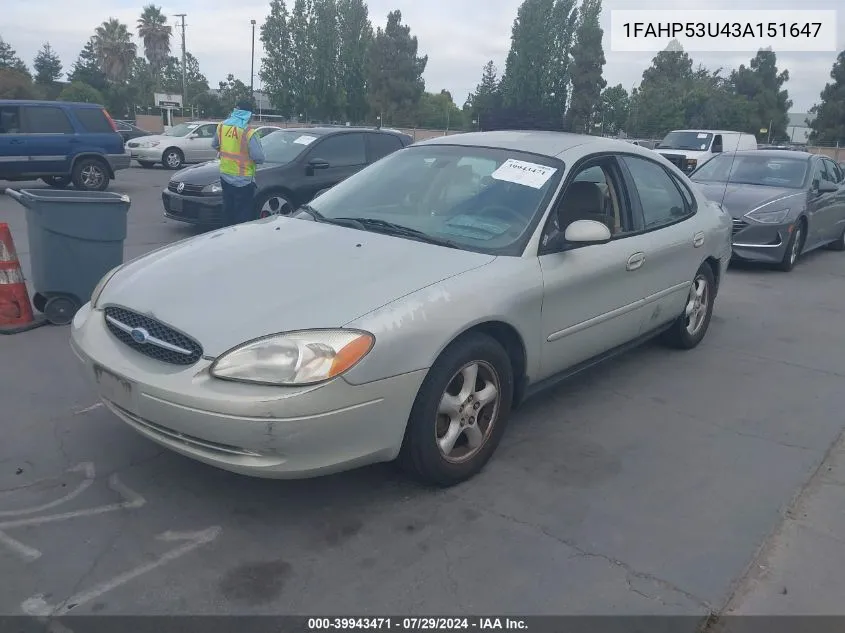 2003 Ford Taurus Se VIN: 1FAHP53U43A151647 Lot: 39943471