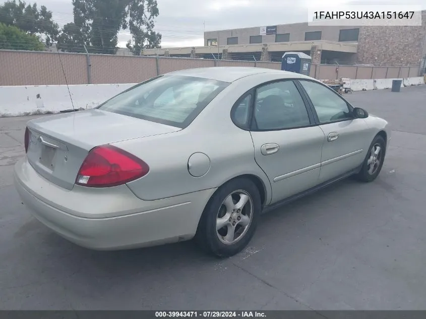 2003 Ford Taurus Se VIN: 1FAHP53U43A151647 Lot: 39943471