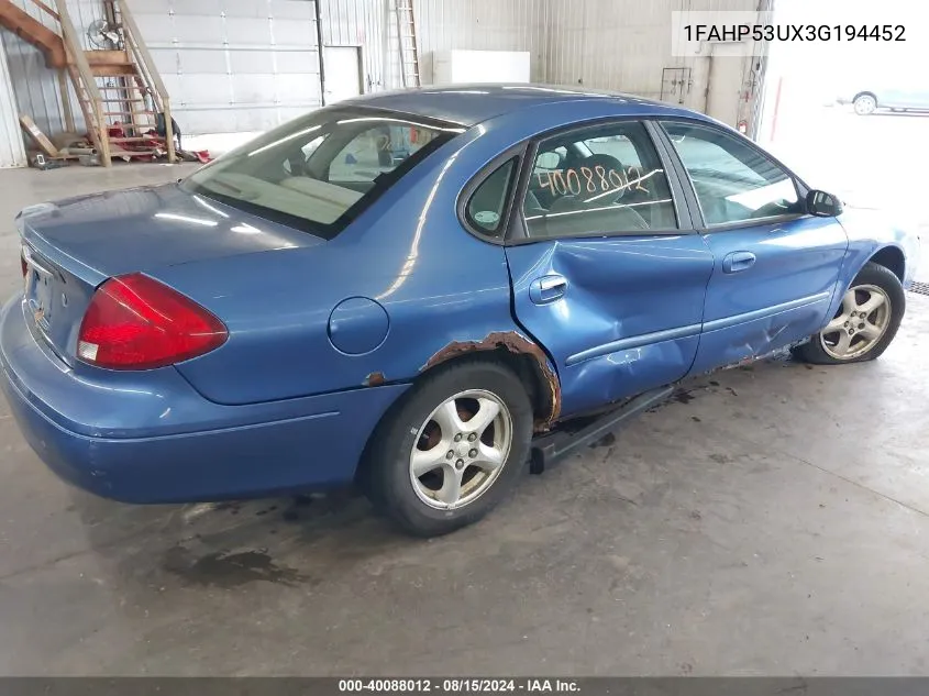 2003 Ford Taurus Se VIN: 1FAHP53UX3G194452 Lot: 40088012