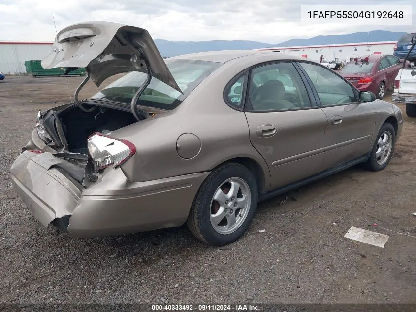 2004 Ford Taurus Ses VIN: 1FAFP55S04G192648 Lot: 40333492