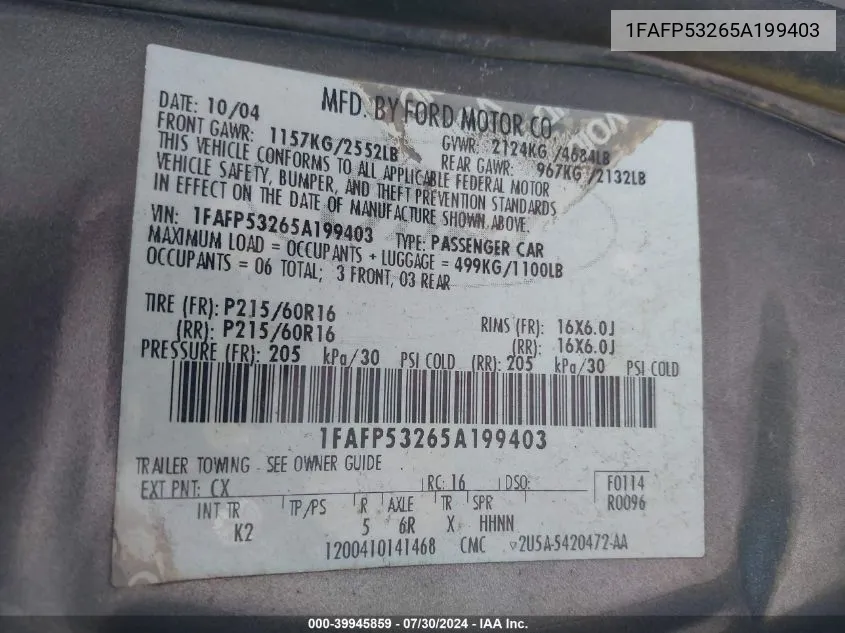 1FAFP53265A199403 2005 Ford Taurus Se