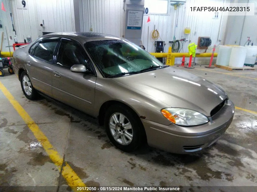 2006 Ford Taurus Sel VIN: 1FAFP56U46A228315 Lot: 20172050