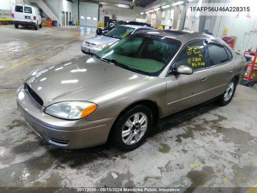 2006 Ford Taurus Sel VIN: 1FAFP56U46A228315 Lot: 20172050