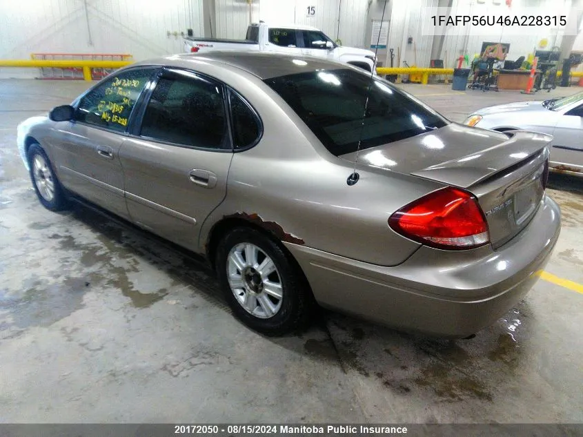 2006 Ford Taurus Sel VIN: 1FAFP56U46A228315 Lot: 20172050