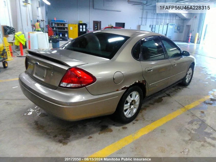 2006 Ford Taurus Sel VIN: 1FAFP56U46A228315 Lot: 20172050