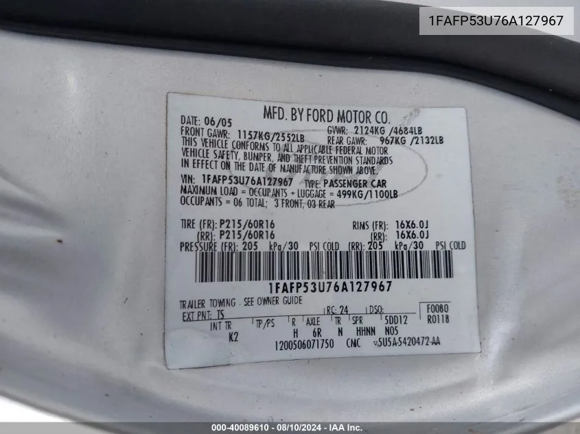 1FAFP53U76A127967 2006 Ford Taurus Se