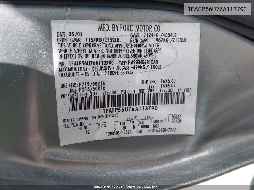 1FAFP56U76A113790 2006 Ford Taurus Sel