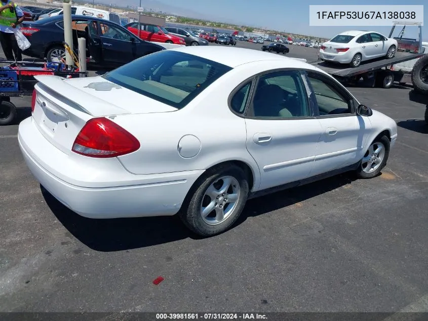 2007 Ford Taurus Se VIN: 1FAFP53U67A138038 Lot: 39981561