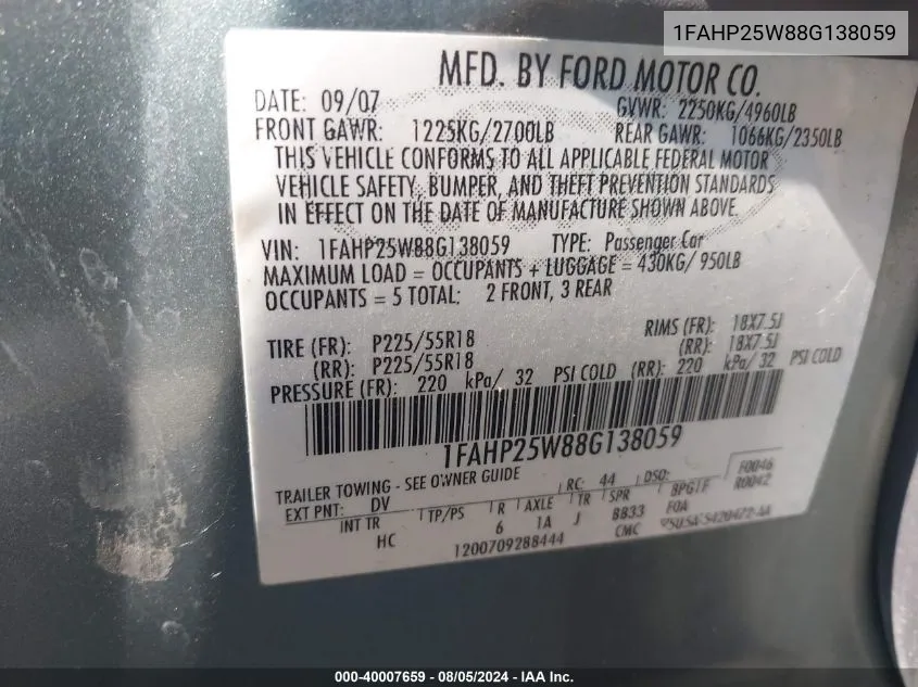 1FAHP25W88G138059 2008 Ford Taurus Limited