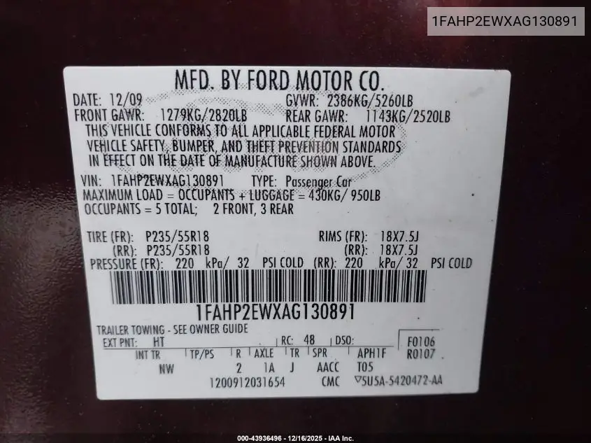 1FAHP2EWXAG130891 2010 Ford Taurus Sel