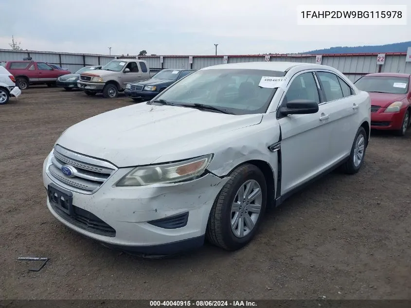 2011 Ford Taurus Se VIN: 1FAHP2DW9BG115978 Lot: 40040915