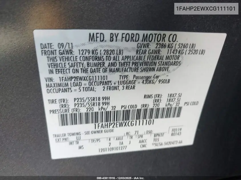1FAHP2EWXCG111101 2012 Ford Taurus Sel