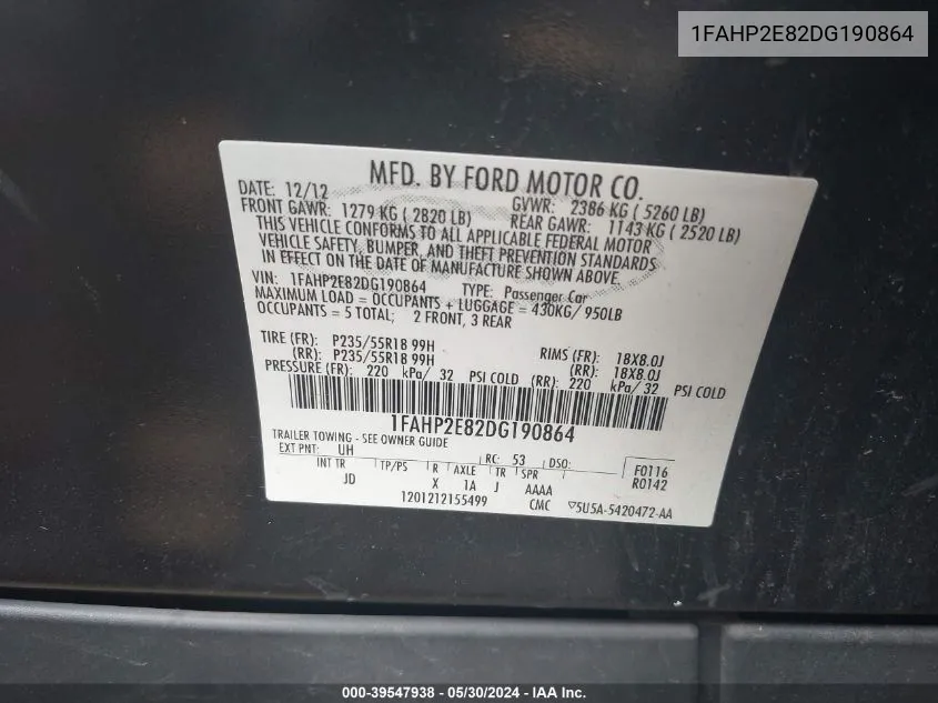 1FAHP2E82DG190864 2013 Ford Taurus Sel