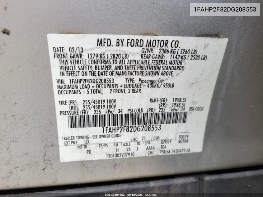 1FAHP2F82DG208553 2013 Ford Taurus Limited