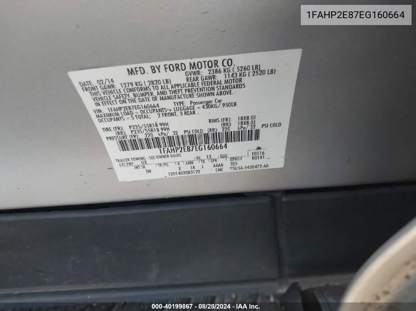 1FAHP2E87EG160664 2014 Ford Taurus Sel