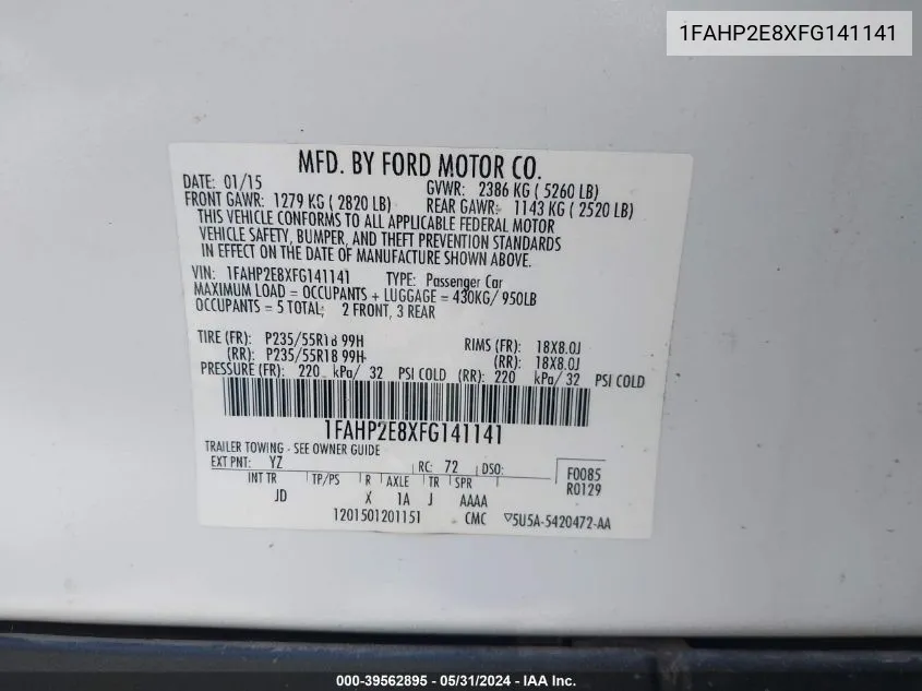 2015 Ford Taurus Sel VIN: 1FAHP2E8XFG141141 Lot: 39562895