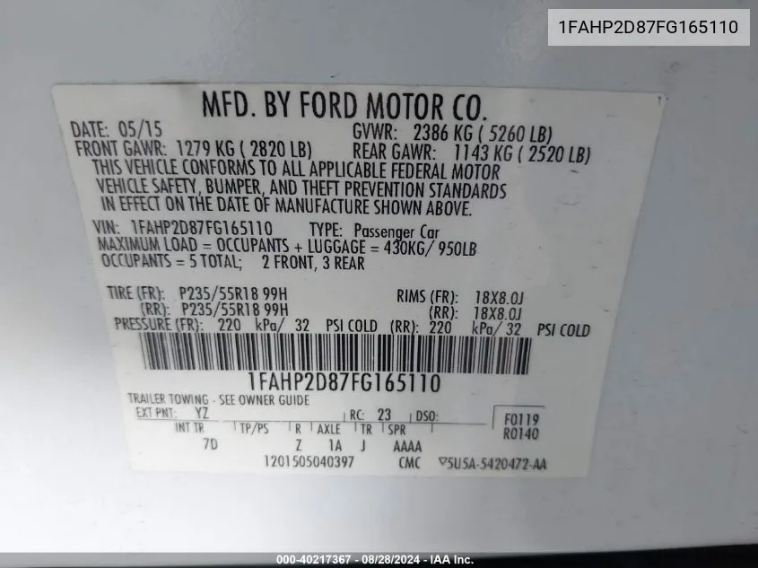 1FAHP2D87FG165110 2015 Ford Taurus Se