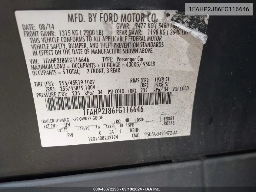 1FAHP2J86FG116646 2015 Ford Taurus Limited