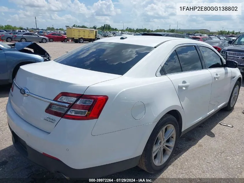 2016 Ford Taurus Sel VIN: 1FAHP2E80GG138802 Lot: 39972264