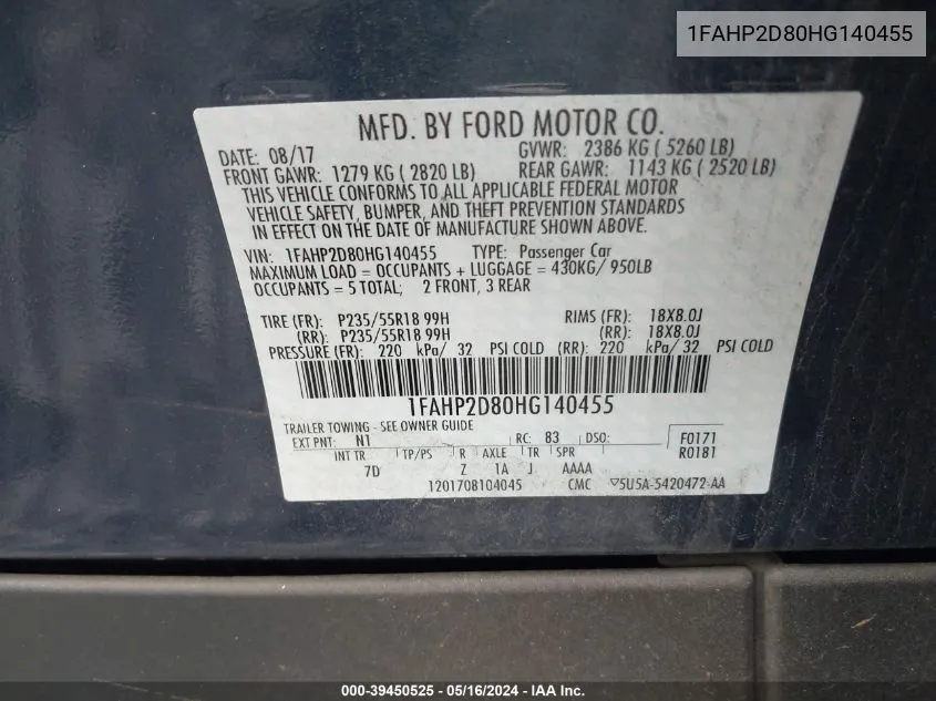 1FAHP2D80HG140455 2017 Ford Taurus Se