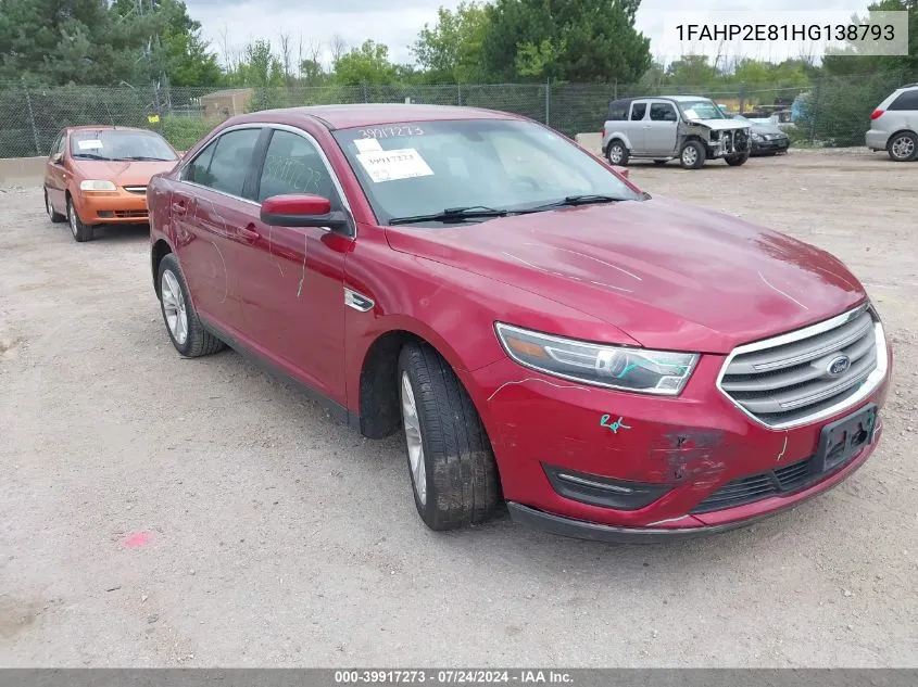 2017 Ford Taurus Sel VIN: 1FAHP2E81HG138793 Lot: 39917273