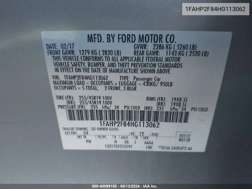 1FAHP2F84HG113062 2017 Ford Taurus Limited