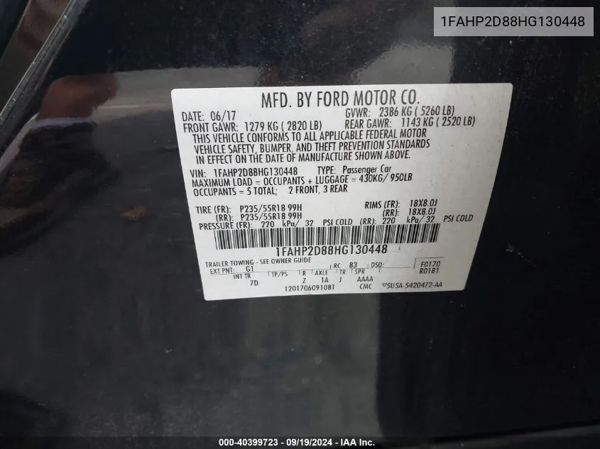 1FAHP2D88HG130448 2017 Ford Taurus Se