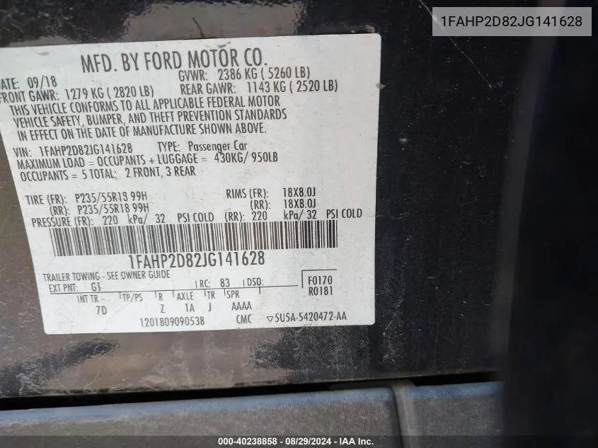 1FAHP2D82JG141628 2018 Ford Taurus Se